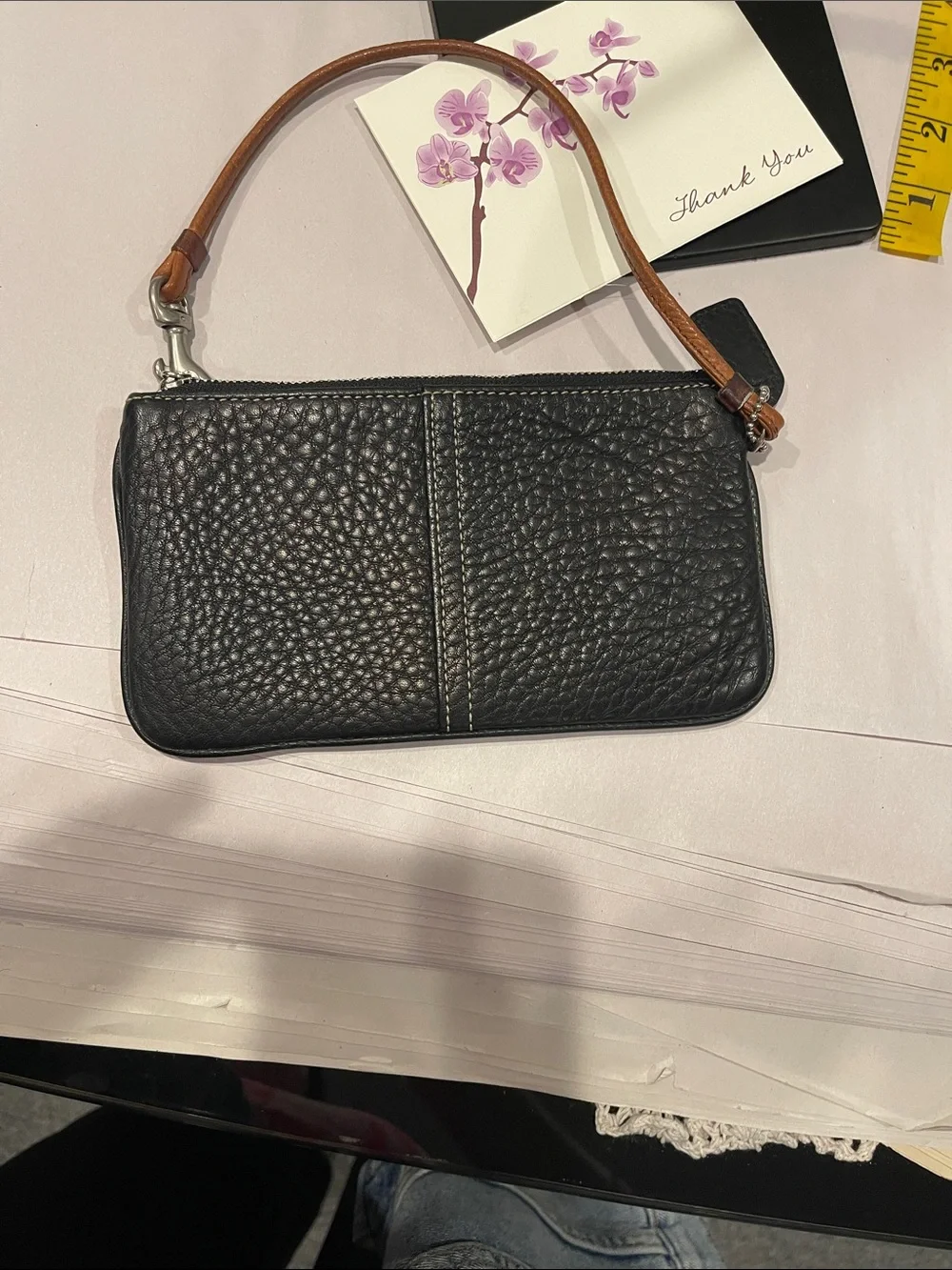 Coach Vintage Black Pebbled Leather Tan Strap Pouch Wallet Wristlet